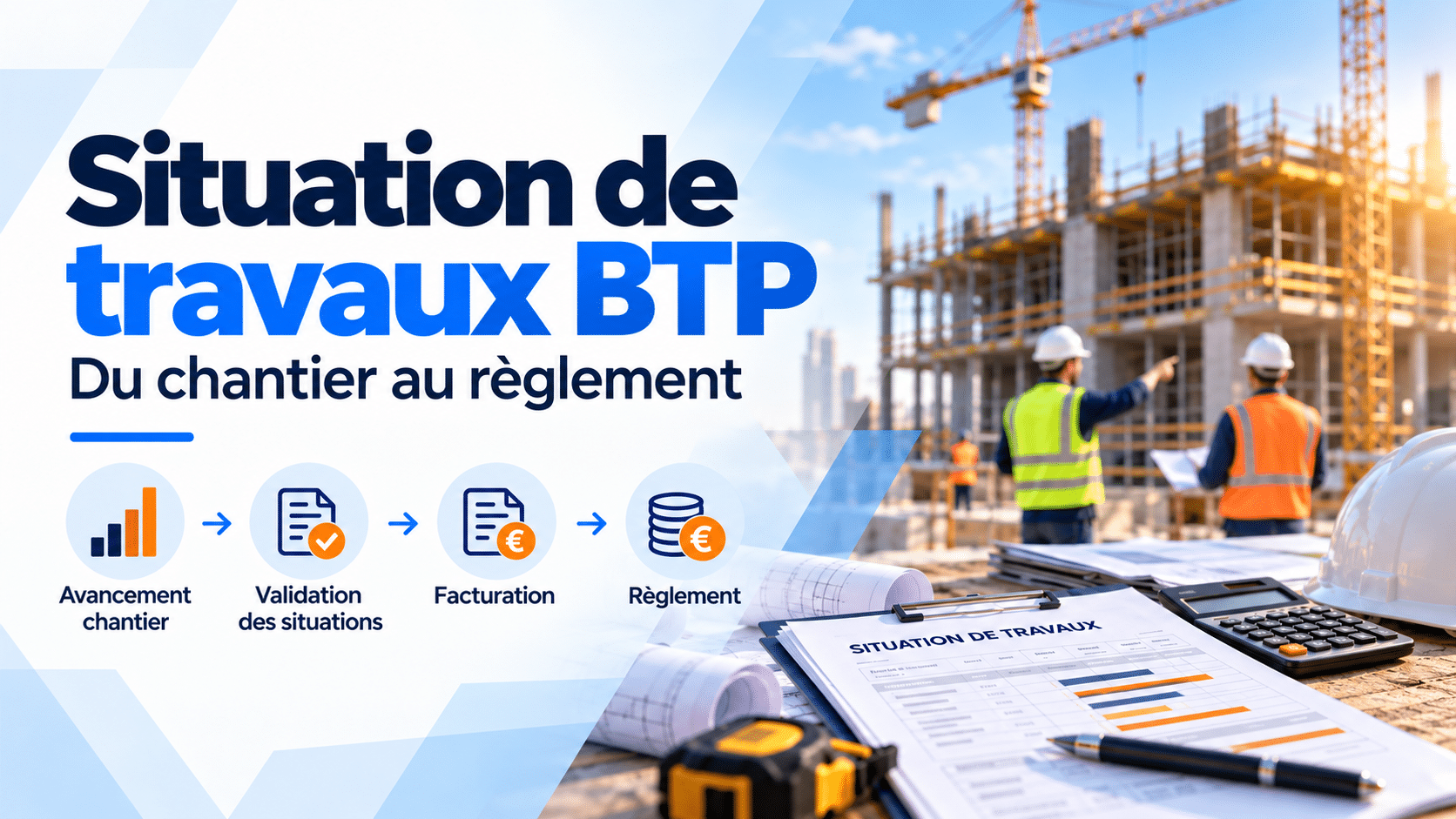 Situation de travaux BTP avec suivi de l’avancement du chantier, validation des situations, facturation et règlement.